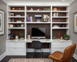 Modern home office setup with custom built-in shelves
